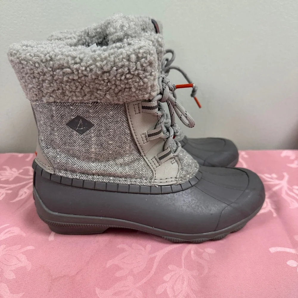 Sperry Saltwater Grey Herringbone Wool Faux Fur Duck Boots STS87696 Womens 7‎